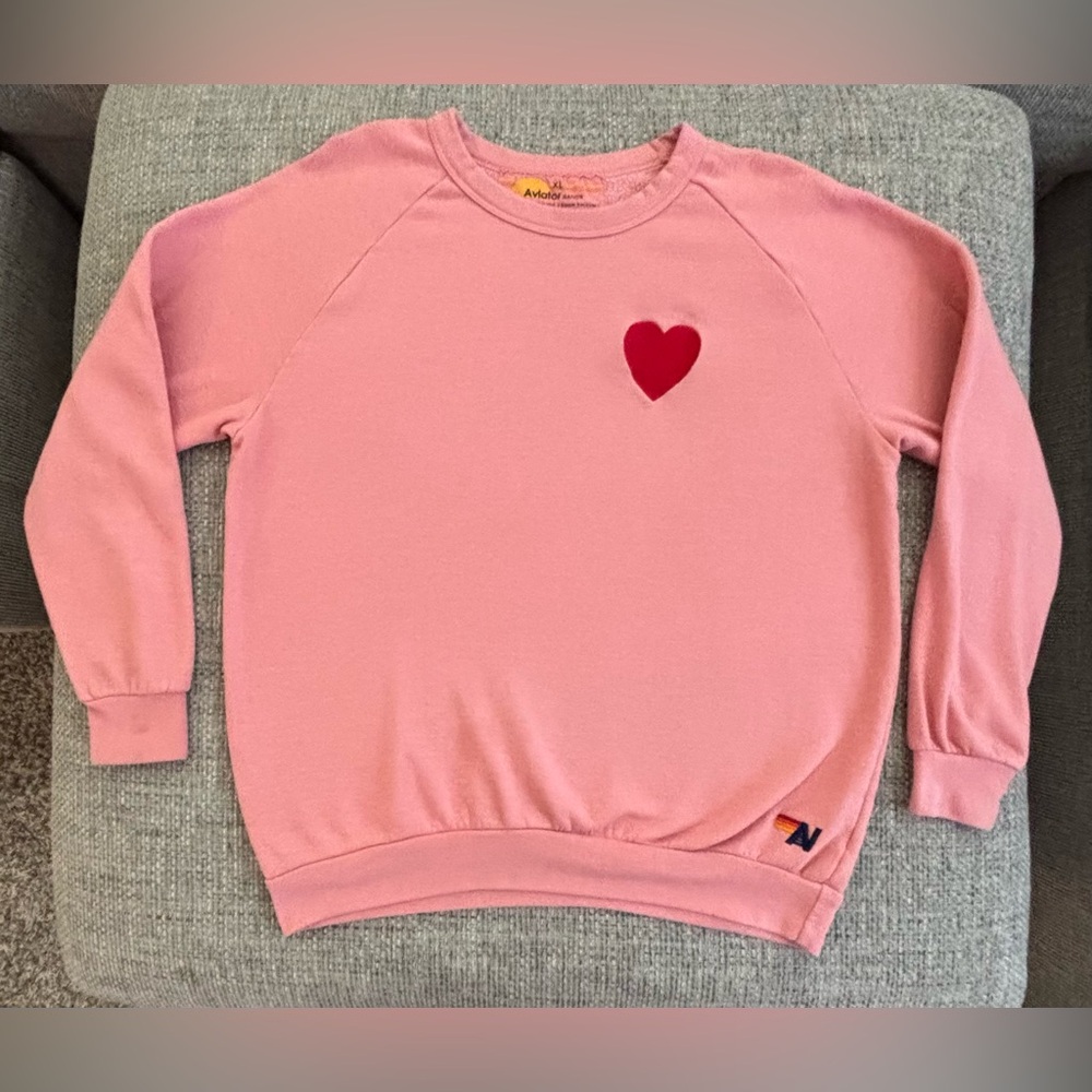 Aviator Nation Pink ❤️ Red Heart Embroidered Crewneck Unisex Size Extra Large